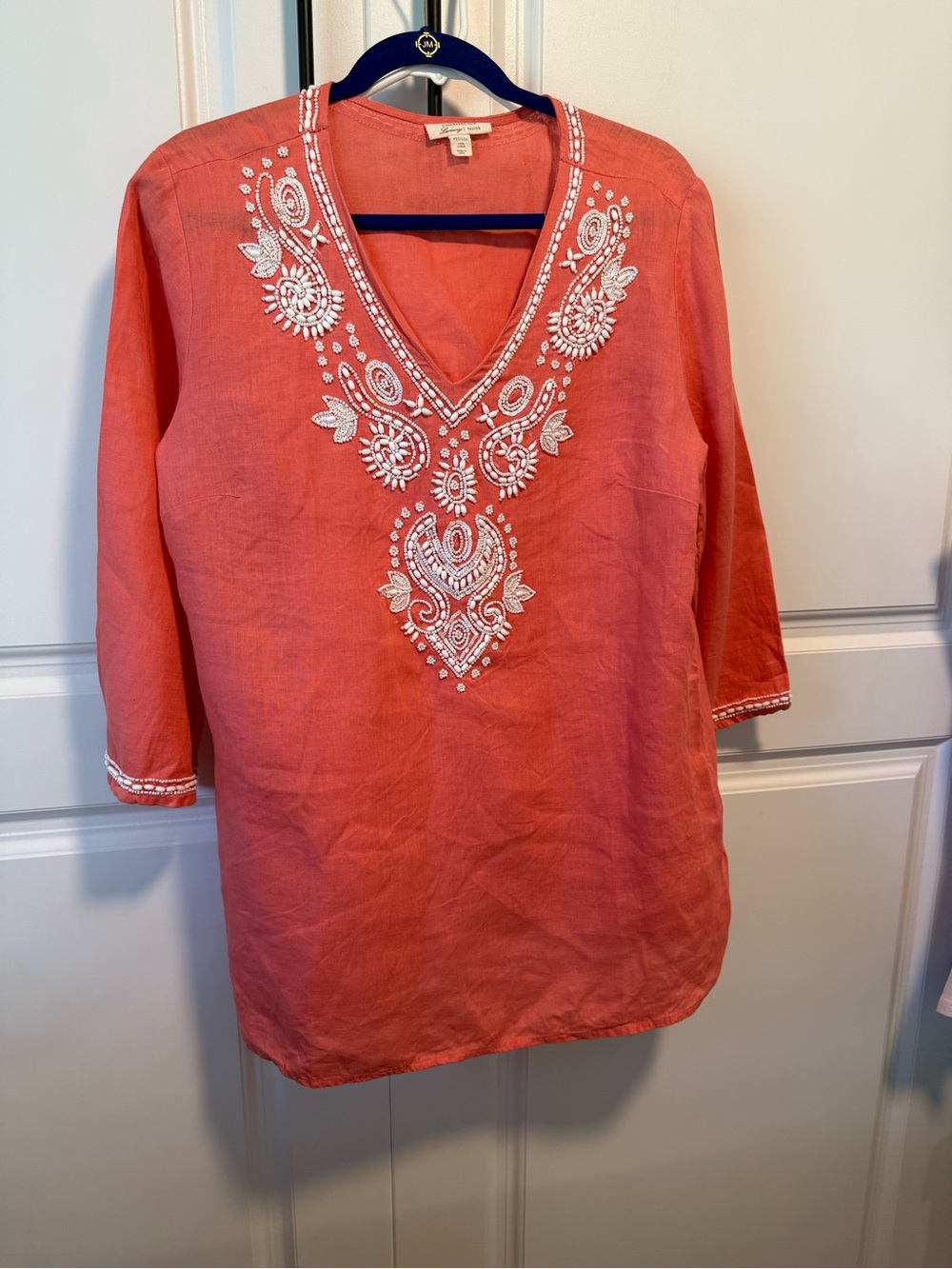 Charter Club Coral color Tunic with White beads. Linen luxury petite large